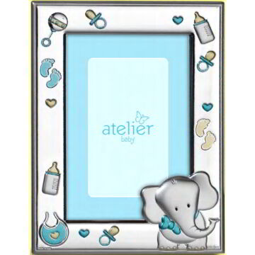 Ezüst fényképkeret - elefánttal, kék (9x13 cm)