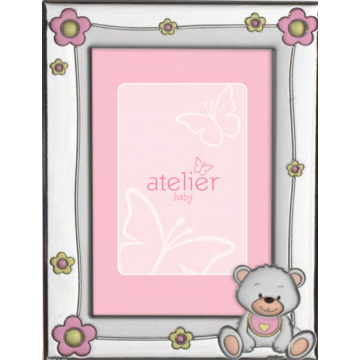 Ezüst fényképkeret - maci rózsaszín virágokkal (9x13 cm)