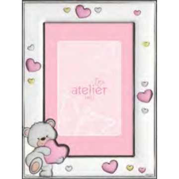 Ezüst fényképkeret - maci rózsaszín szívvel (9x13 cm)