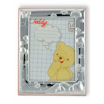 Ezüst fényképkeret - Teddy macis, rózsaszín (10x15cm)